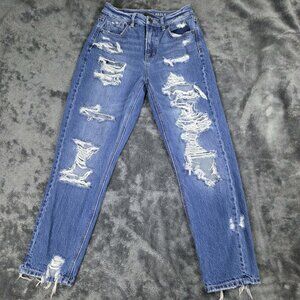 American Eagle Mom Jeans Womens 2 Short Medium Wash Thrashed 100% Cotton Denim